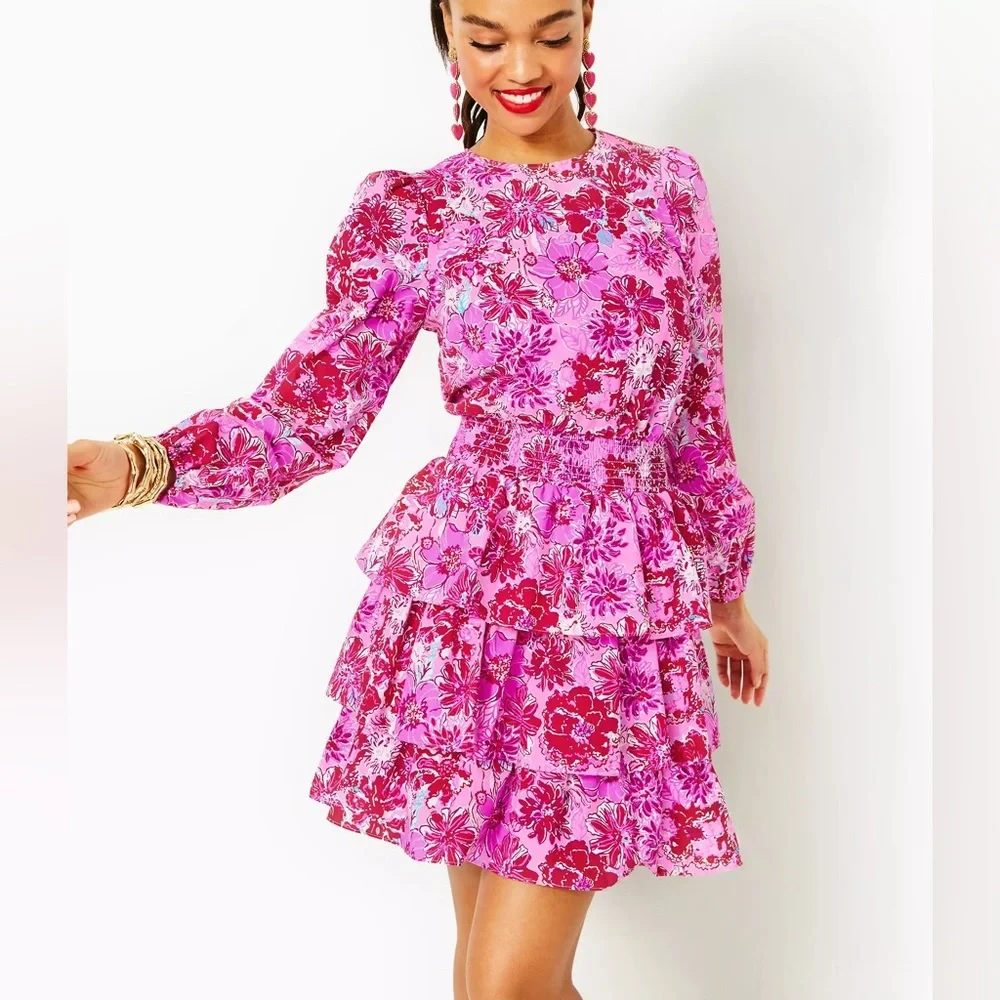 Lilly Pulitzer Khloey Smocked A-Line Ruffle Tiered Skirt Cotton Dress SZ 10 - Picture 2 of 5